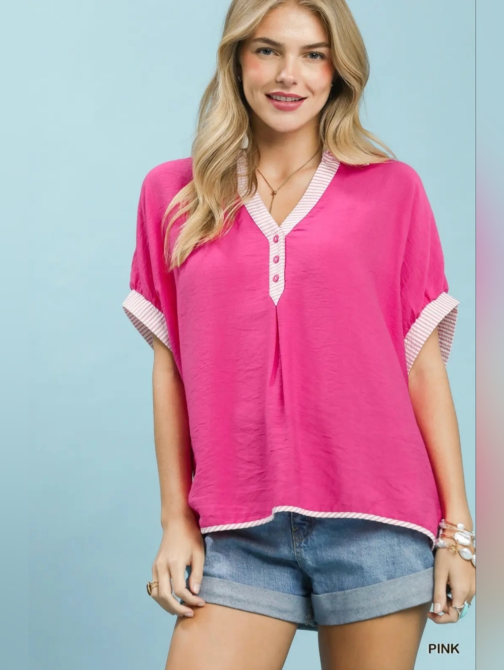 Umgee Oversized Contrast Stripe Trim Top